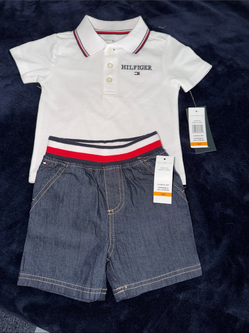 Tommy Hilfiger White Polo Shirt & Navy Denim Shorts Set with Red Trim